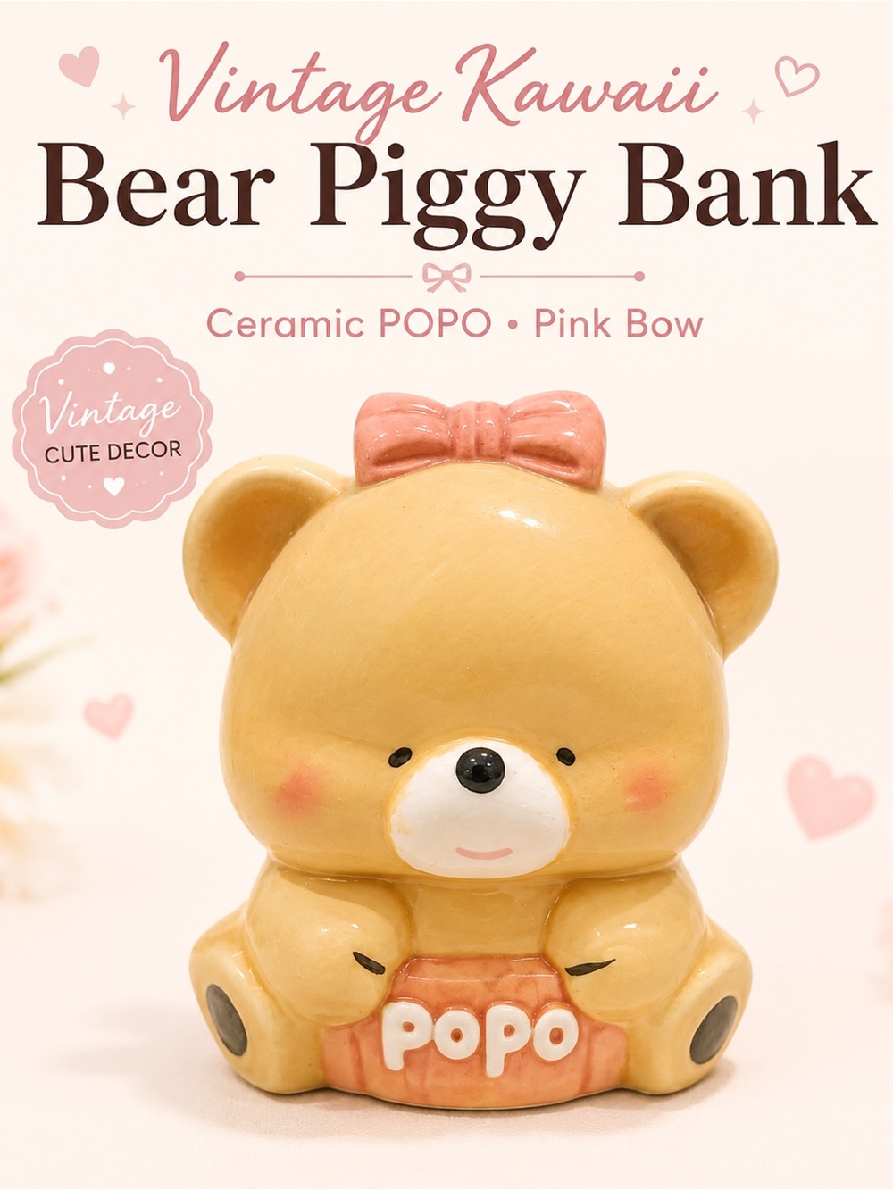 Vintage Kawaii Ceramic Bear Piggy Bank "POPO" with Pink Bow